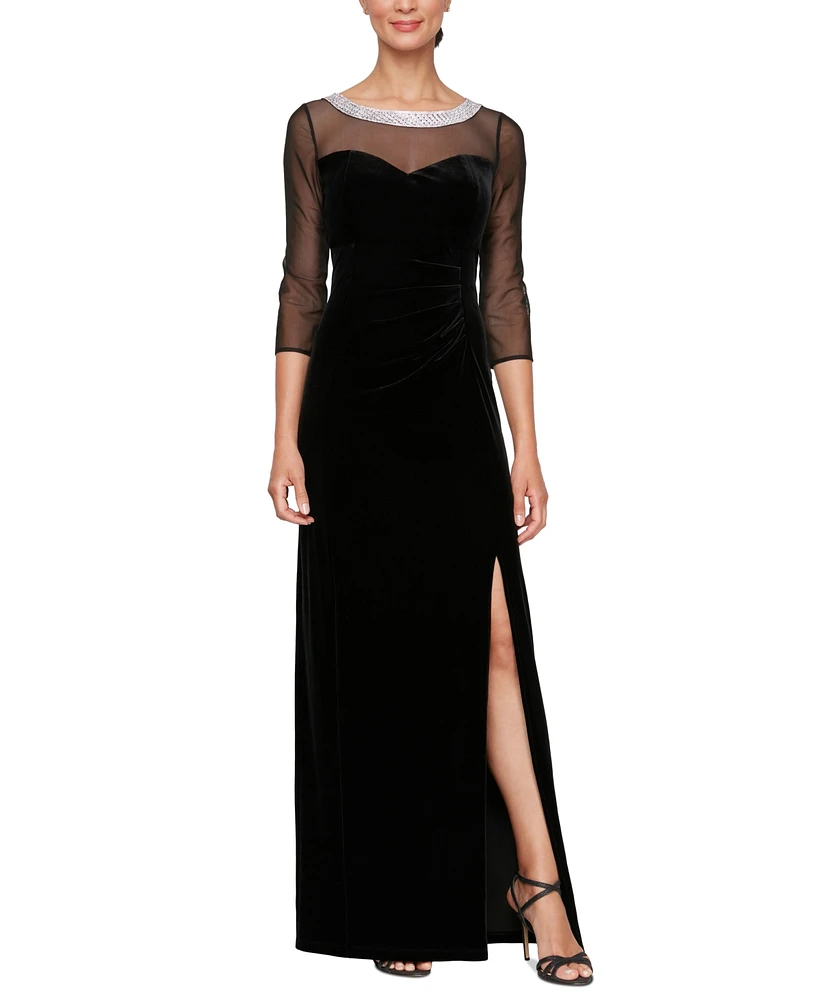 Alex Evenings Petite Velvet Illusion Embellished Gown