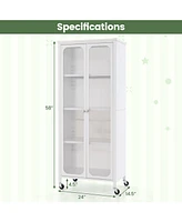 Sugift Glass Doors Storage Cabinet with Wheels and Adjustable Shelves