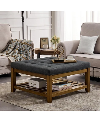 Simplie Fun Linen-Tufted Coffee Table Ottoman with Beechwood Shelf and Frame