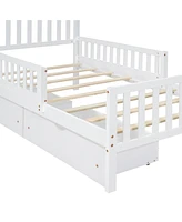 Twin Wood Platform Bed with Guardrails on Both Sides and Two Storage Drawers, Gray