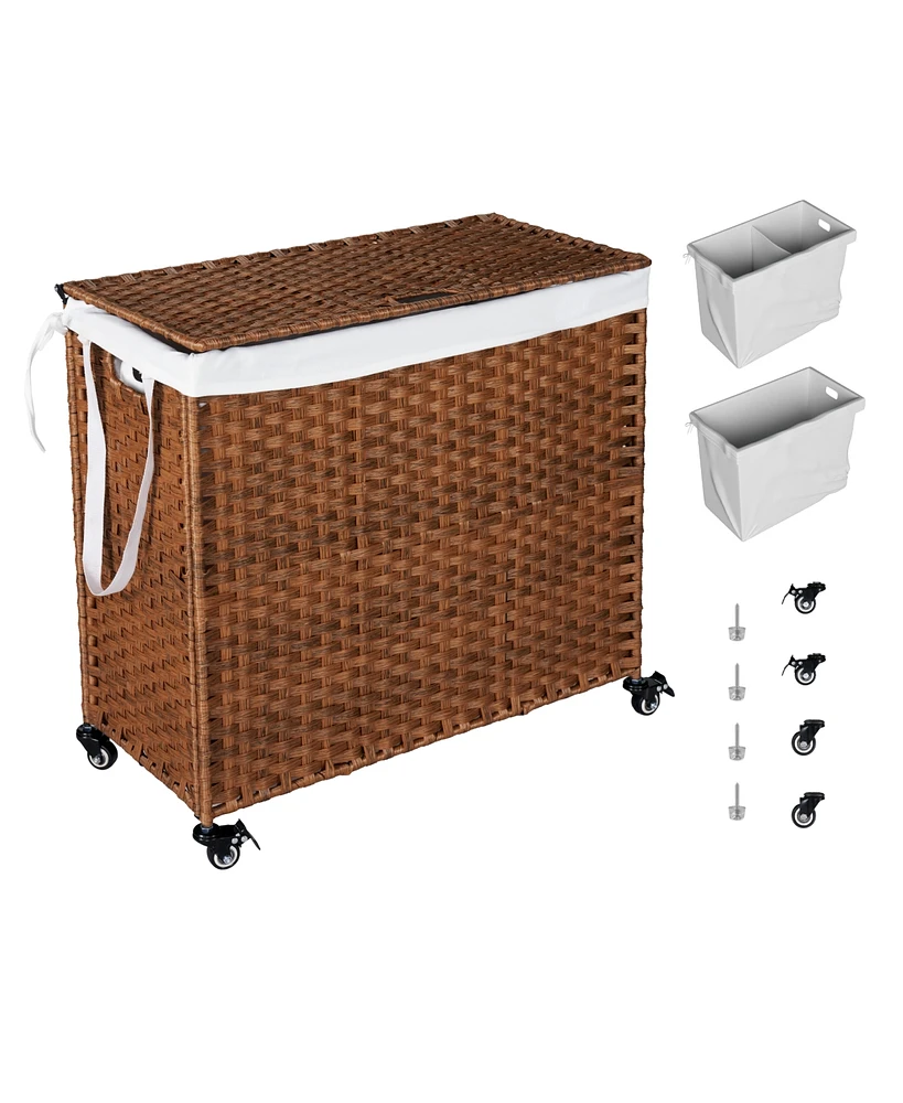 Simplie Fun Brown Rattan Laundry Hamper with Lid, Removable Bags, and Wheels