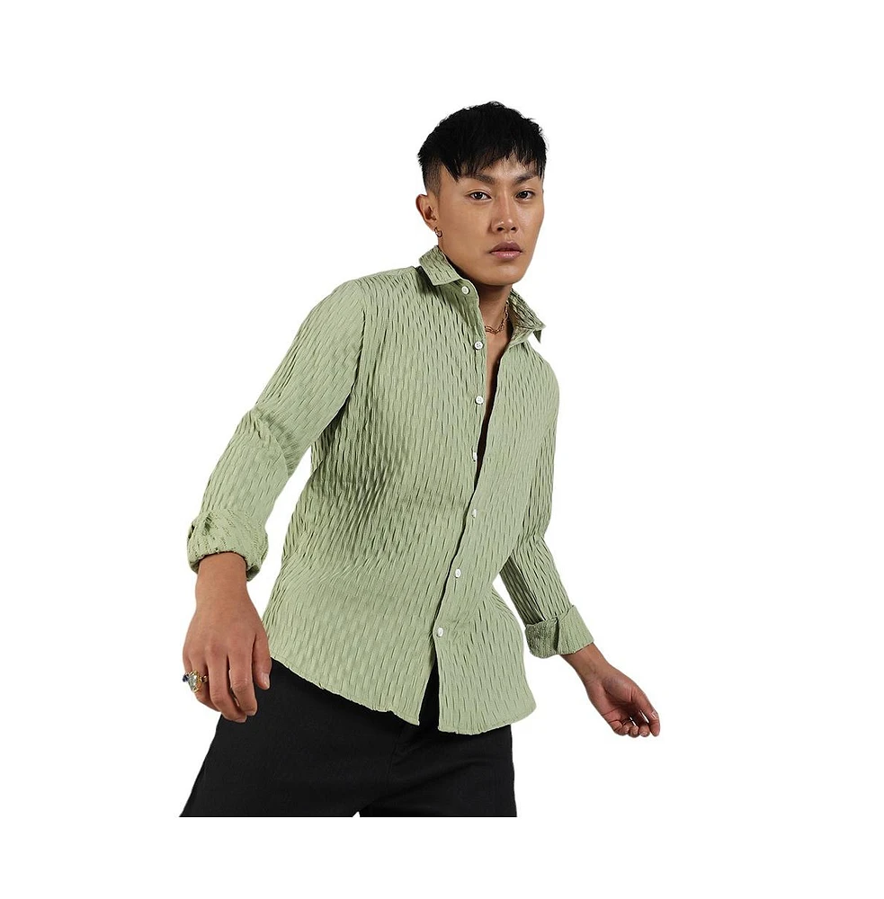 Campus Sutra Men's Pistachio Green Crinkled-Weave Shirt