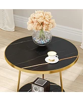 Tribesigns Faux Marble End Table, 2 Tier Round Side Table with Shelves