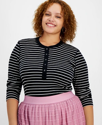 On 34th Plus Size Ribbed Long-Sleeve Henley Top, Created for Macy's