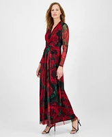 Anne Klein Women's Rose-Print Twist-Front Maxi Dress