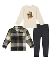 Kids Headquarters Toddler and Little Boys, Plaid Polar Fleece Shacket, Hooded Tee Twill Joggers