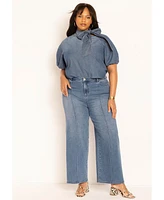 Eloquii Women's Puff Sleeve Chambray Tie Neck Top