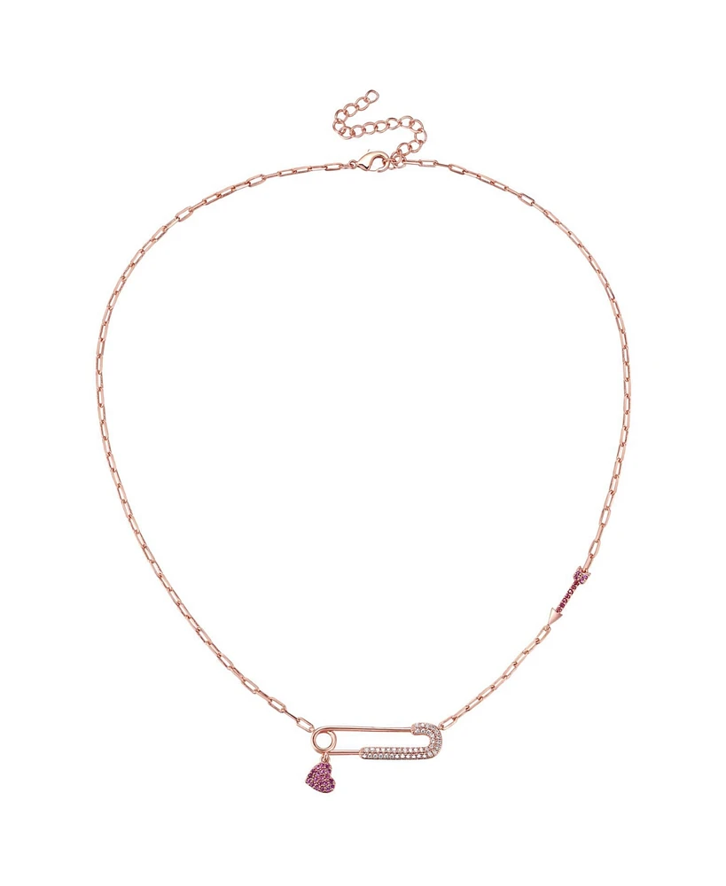 GiGiGirl 18K Rose Plated with Ruby & Cubic Zirconia Heart Charm Dangle Paperclip Adjustable Length Necklace