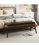 Sugift 50 Inch Long Solid Wood Dining Bench Upholstered Table Bench with Faux Leather Padded Seat