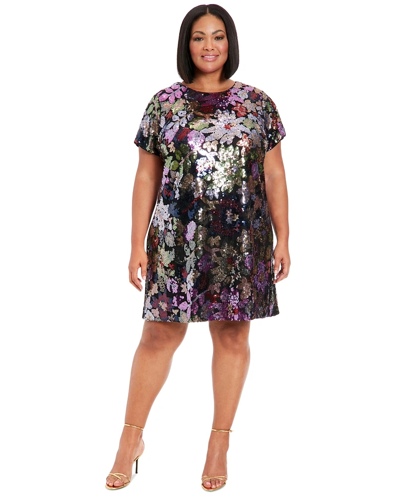 London Times Plus Floral-Sequin Round-Neck T-Shirt Dress