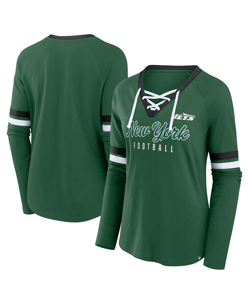 Fanatics Women's Green New York Jets Won and Done Lace-Up Long Sleeve Fashion Top