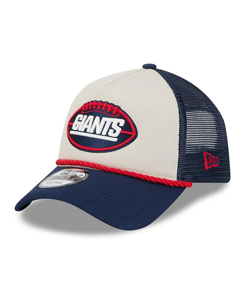 New Era Men's Stone/Navy New York Giants 2024 Sideline Historic 9FORTY A-Frame Trucker Adjustable Hat