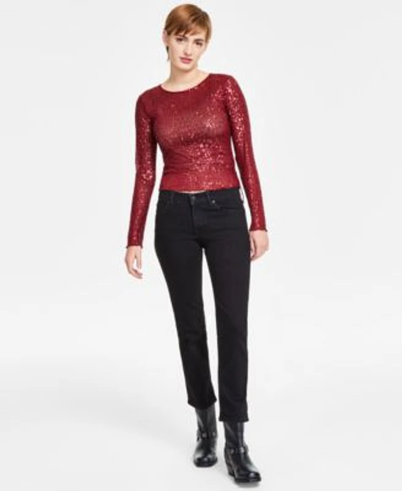 Lucky Brand Womens Sequin Long Sleeve Layering Top Sweet Straight Leg Jeans