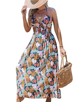 Cupshe Women's Tropical Leaf Print Halterneck Smocked Maxi Beach Dress