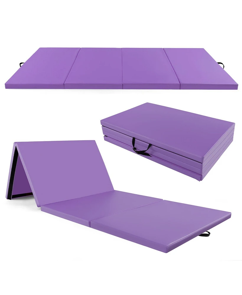 Skonyon 4-Panel Pu Leather Folding Exercise Mat with Carrying Handles-Purple