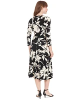 London Times Petite Printed 3/4-Sleeve Midi Dress