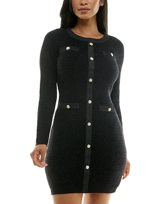 Bcx Juniors' Ribbed Long-Sleeve Faux-Button Sweater Dress