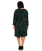 London Times Plus Printed Keyhole Long-Sleeve Dress