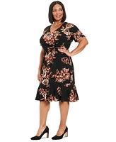 London Times Plus Floral Side-Knot V-Neck Dress