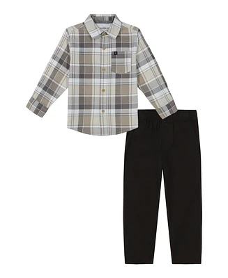 Calvin Klein Toddler and Little Boys Long Sleeve Plaid Fine-Wale Cord Shirt Prewashed Twill Pants 2-Piece Set