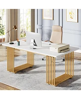 Tribesigns 70.9" Modern Office Desk, Wooden Computer Desk, White Executive Desk with Gold Metal Legs, Large Workstation for Home Office, Study Writing