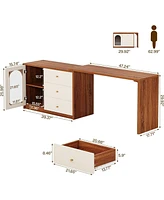 Tribesigns Modern Makeup Vanity, Retractable Large Vanity Desk with 3 Drawers and Cabinet, Makeup Corner Dressing Table for Bedroom, Walnut and White