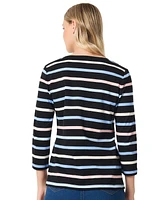 Jones New York Petite Striped Button-Shoulder Cotton Top