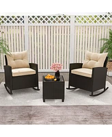 3 Pcs Patio Wicker Rocking Set with Tempered Glass Table & Soft Cushions Outdoor