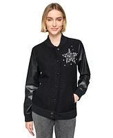 Karl Lagerfeld Paris Women's Embellished Mixed-Media Varsity Jacket