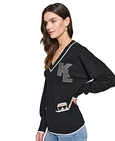 Karl Lagerfeld Paris Women's V-Neck Embellished Varsity Sweater