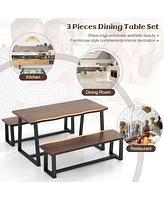 Costway 3 Pieces Dining Table Set 63" Large and 2 Long Benches for 4-6 People