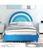 Gymax Kids Twin Platform Bed Frame Upholstered w/ Wooden Slats Support Blue