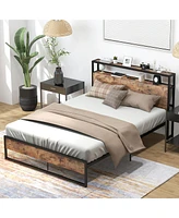 Gymax Full Size Industrial Platform Bed Frame with Charging Station Storage Headboard