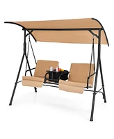 2-Person Canopy Porch Swing Padded Chair Cooler Bag Rotatable Tray Black