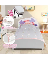 Costway Kids Upholstered Platform Bed Children Twin Size Wooden Bed Rainbow Pattern