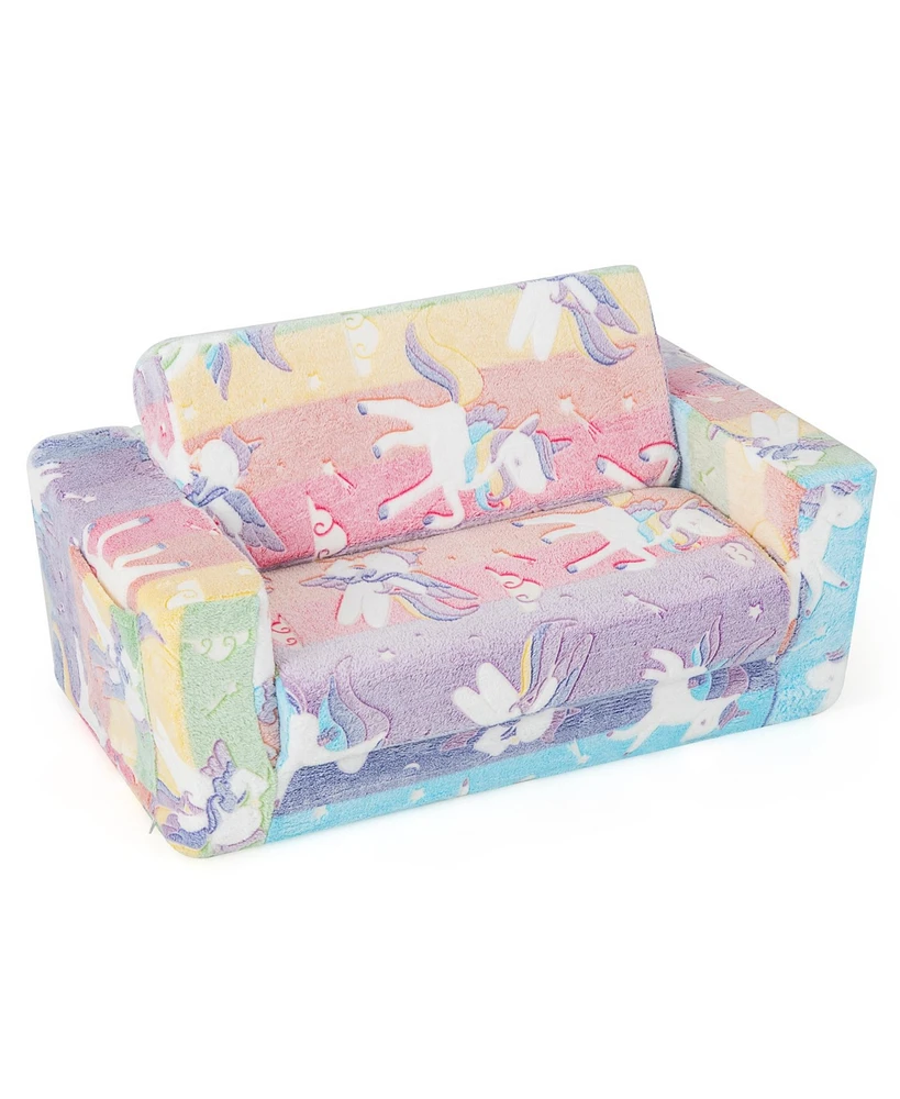 Sugift 2-in-1 Flip Out Kids Sofa Chair with Detachable Flannel Fabric Cover and Glowing Patterns