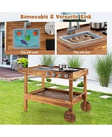 Kids Wooden Mud Play Kitchen Cart with Sink, 4 Stoves & Storage Shelf