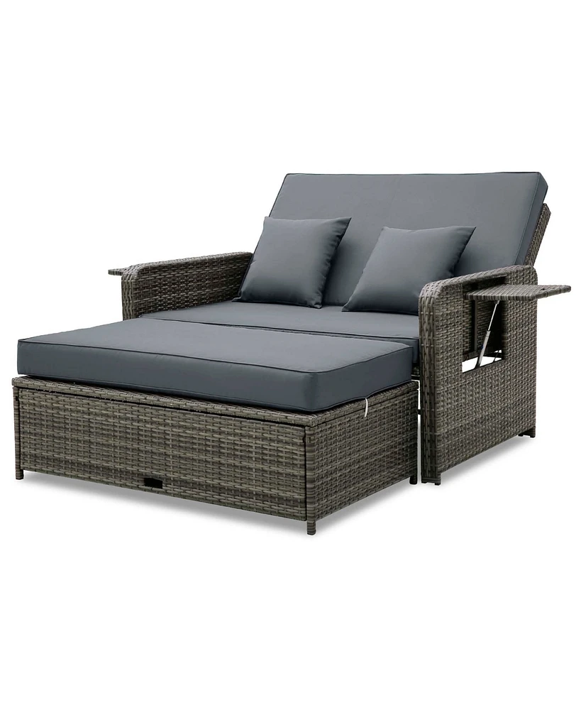 Costway Wicker Loveseat Sofa Set Patio Rattan Daybed with Ottoman & Retractable Side Tray