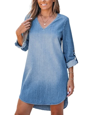 Cupshe Women's Stonewash Denim V-Neck Mini Beach Dress