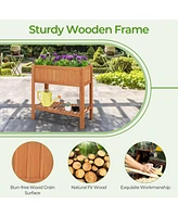 Skonyon Outdoor Raised Garden Bed Fir Wood Planter Box with Bottom Storage Shelf and Protective Liner-Brown