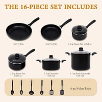 16-Piece Kitchen Hard-Anodized Aluminum Nonstick Cookware Set with Silicone Kitchen Utensils