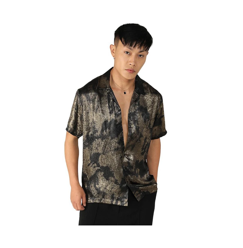 Campus Sutra Men's Midnight Black & Metallic Gold Metallic Ombre Shirt