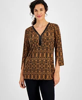 Jm Collection Women's Printed Beaded-Trim V-Neck Top, Created for Macy's