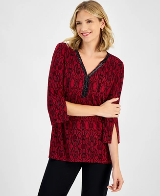 Jm Collection Women's Printed Embellished-Trim V-Neck Top, Created for Macy's