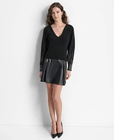 Dkny Women's Ribbed Studded-Cuff V-Neck Sweater