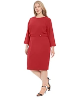 London Times Plus 3/4-Sleeve Tab-Waist Sheath Dress