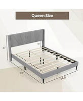 Costway Queen Bed Frame Modern Platform with Linen Upholstered Wingback Headboard