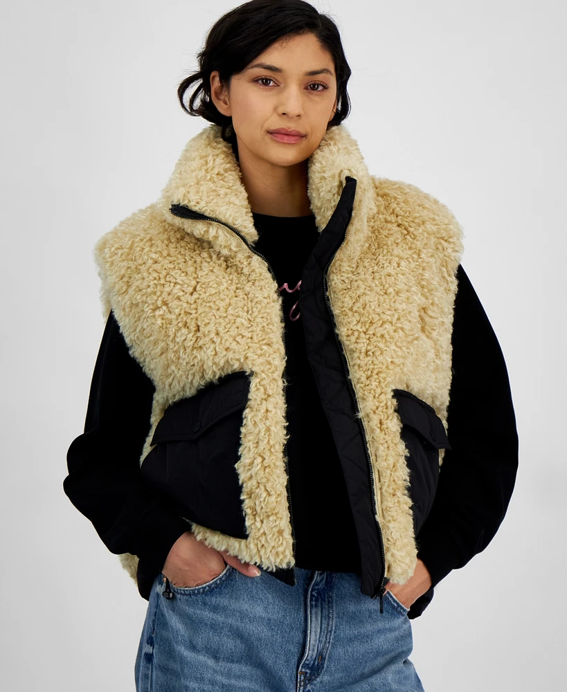 Hugo Women's Femila Mixed-Media Stand-Collar Faux-Fur Vest