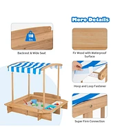 Costway Kids Large Wooden Sandbox w/ 2 Bench Seats Outdoor Play Station for Children