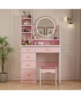 Famapy 5-Drawers Pink Wood Makeup Vanity Set Dressing Desk